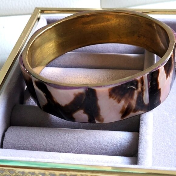 Vintage Brass Abalone Shell Round Bangle Bracelet Handcrafted Boho - Picture 6 of 8